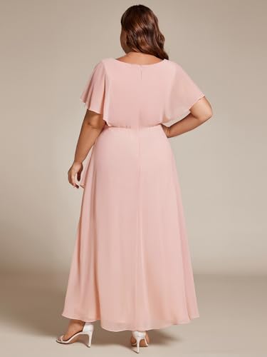 Image of Ever-Pretty Plus Ever-Pretty Women's Plus V Neck Applique Short Sleeves Tea Length Wedding Guest Dress Pink US20