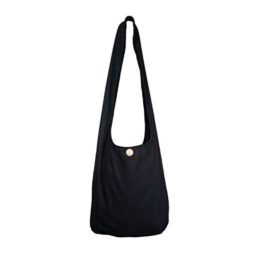 CCcollections Sling Bag Cotton - Bolso grande Boho Hippie Hobo - 40 estampados - Bolso bandolera unisex (Negro liso)
