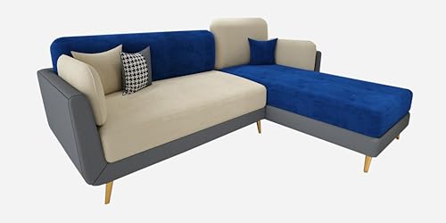 Image of Sixpine Luxury Dual Color Upholstery Lounger LHS Sofa in Premium Velvet | Solid Wood Structure | Sturdy Golden Legs | High Density Foam | Extra Comfort for Modern Living Room (Blue & Beige, 4 Seater)