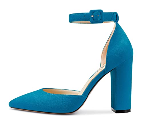 HEUIVZAR Women Pumps Pointed Toe Block Chunky High Heel Ankle Strap Two-Piece Dress Shoes Classic Wedding Suede 4 Inch2