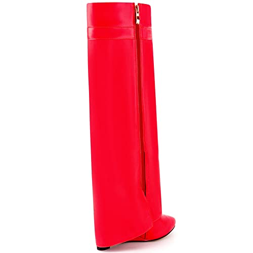 Image of Fold Over Knee High Boots for Women Pointy Pull-on Wedge Heel Knee Shark Boot With Side Zipper Covered Wedge Heel Padlock Boot