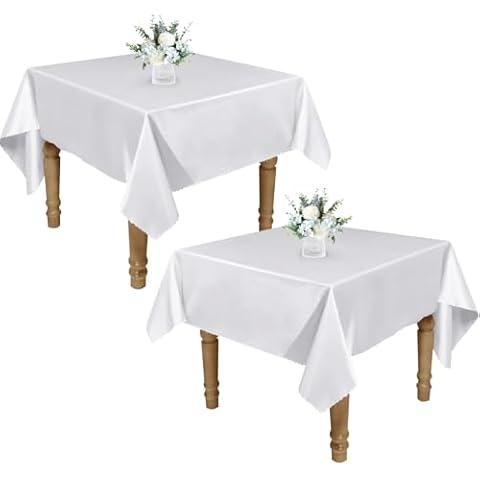 RUDONG M 2 Pack 60 x 60 Inch Square Tablecloth, White Satin Tablecloth, Silky Satin Square Table Cloth, Bright Smooth Satin Table Cover for Wedding, Banquet, Party Dinning Decoration Cover