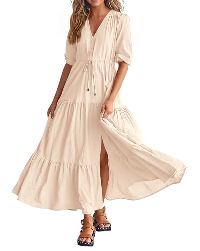 BTFBM Women Summer Dresses Short Sleeves V Neck Button Drawstring Maxi Dresses Solid Color Boho Long Dresses