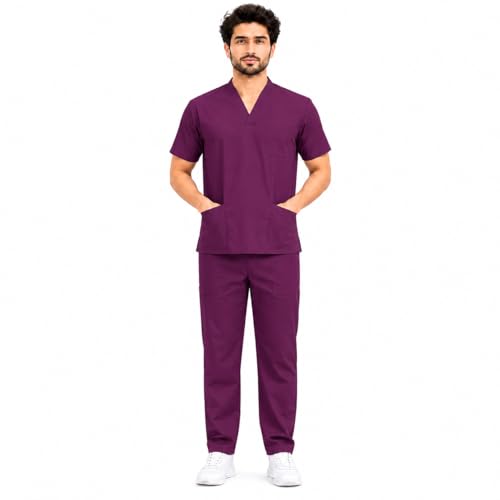Image of Unisex Medical Scrub Suit Set, V-Neck Top with Pants, Short Sleeve, Polyester Cotton Blend, 7 Pockets, Regular Fit, Hospital Doctor Nurse Uniform