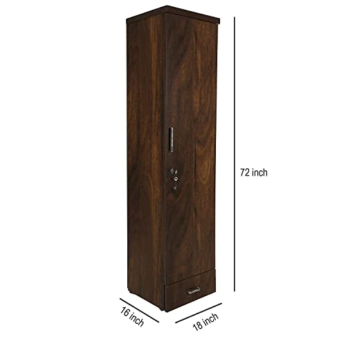 Image of CASPIAN Engineered Wood 1 Door Wardrobe | Pre-Assembled Wooden Almirah for Bedroom Storage | Single Door Cupboard with Drawer, Hanging Space & Shelves | Compact Clothes Organizer | Brown