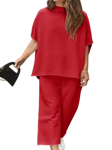 Image of Beautife Women's Plus Size 2 Piece Outfits 3 /4 Batwing Sleeve Capelet Crew Neck Pullover Top Wide Leg Pants Lounge Set