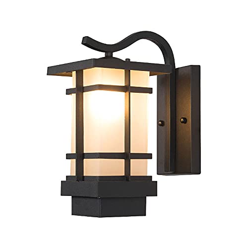 Lámpara de pared exterior rectangular de estilo japonés con forma de jaula de hierro negro, lámpara de pared con pantalla de vidrio blanco lechoso, lámpara de pared utilizada para terraza, patio, entr