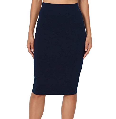 PrettyFashion Mujeres Falda Midi Lápiz Cintura Alta Elasticidad Bodycon Tubo Falda Oficina (Azul Marino, X L)
