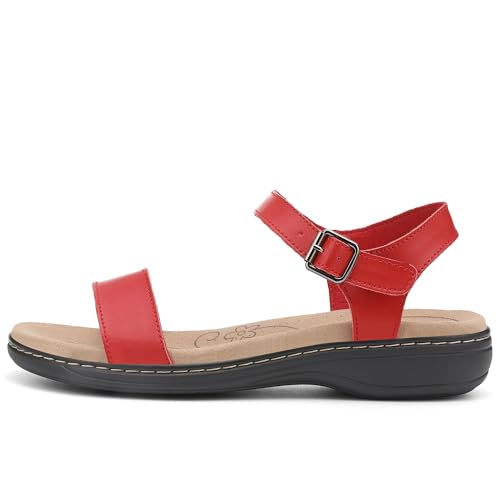 Image of Women's Classic Flat Sandals Leather Open Toes Memory Foam One Band Ankle Strap Adjustable Slip On Shoes