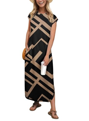 PrinStory Maxikleid Für Damen Ärmelloses Sommerkleid Mit Taschen Elegante Strandkleid Mit Schlitz Rundhals Freizeitkleider (Schwarzes Rechteck,L)