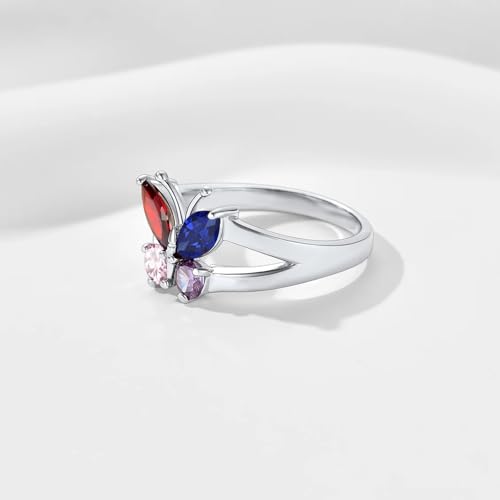 10K 14K 18K Gold Personalized Birthstone Butterfly Rings for Women Customized Birthstone Engraved Name Ring Mother's Day Birthday Christmas Gift Anniversary Ring for Her Size 4-152