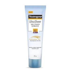 Neutrogena Ultra Sheer Sunscreen SPF 50+ | Broad Spectrum UVA/UVB | Blue light protect | No White Cast | Water resistant, Ultra light & Non sticky | Oily, Dry & Sensitive Skin | 30 g (Pack of 1)