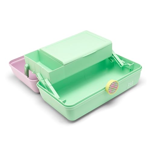 Image of Caboodles On-The-Go Girl Makeup Box, Two-Tone Lavender and Light Green, Hard Plastic Makeup Organizer Box, Built-In Mirror, Secure Latch for Safe Travel, Spacious Storage for Large Items