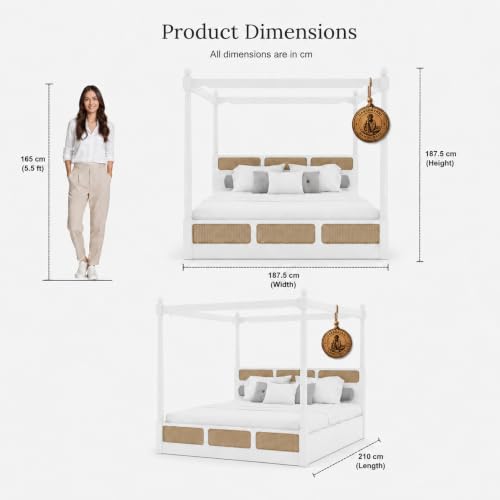 Image of Sheesham Solid Wood Allure Poster Bed for Bedroom | Handmade Wooden Cot | Elegant Four Poster King Size Bed Frame (White, King, Allure with Storage(Cane))
