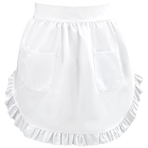 Teaaha Tablier de Taille pour Femme avec 2 Poches - Demi-Tablier Blanc de Soubrette pour Cuisine, Restaurant, Bistro, Café, Costume