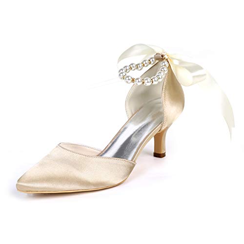 Women's Pearl White Low Heel Comfortable Pointed Toe Wedding Shoes for Bride - Satin Bridal Pumps Sandals for Prom Party Dress