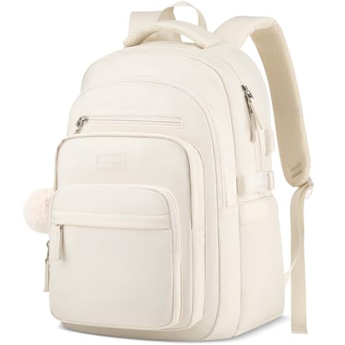 Student Laptop Backpack for College Teen Girls, Middle High School Aesthetic Bookbag Large 15.6 Inch Laptop Bag Travel Back Pack for Women (Beige)