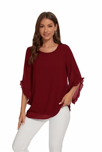 CASURESS Womens Blouses Floral Printed 3 4 Batwing Sleeve Shirt Crew Neck Double Layered Chiffon Loose Tops