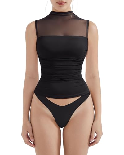 Women Sexy Mesh Sheer Sleeveless Crop Tank Tops Double Lined Fitted Mock Turtle Neck Ruched Going Out Tops(Black,M)