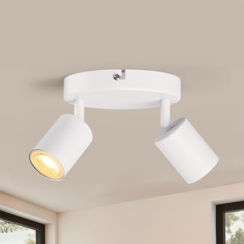 wowatt Lámpara de Techo Blanco Orientable con 2 Focos, Focos de Techo Redondo, Plafón LED Techo Interior GU10 Modernas, Apliques Techo Ajustables para Dormitorio Salas Cocina, Sin Bombilla GU10