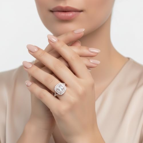 Image of Choose Your Gemstone Delicate Double Halo Diamond CZ Ring Rose Gold Plated Princess Shape Halo Engagement Rings Matching Jewelry Wedding Jewelry Easy to Wear Gifts US Size 4 to 12