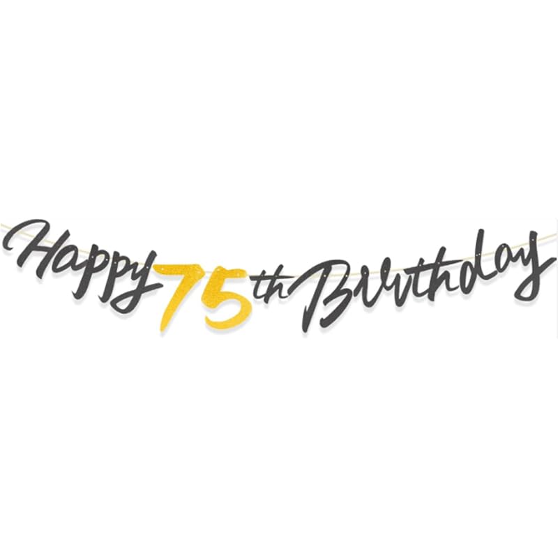 75th Birthday Banner - Black Gold Handwritten Style Happy Birthday Sign for Men & Women - Easy to Install with Instructions - Premium Party Decorations for 75 Year Old
