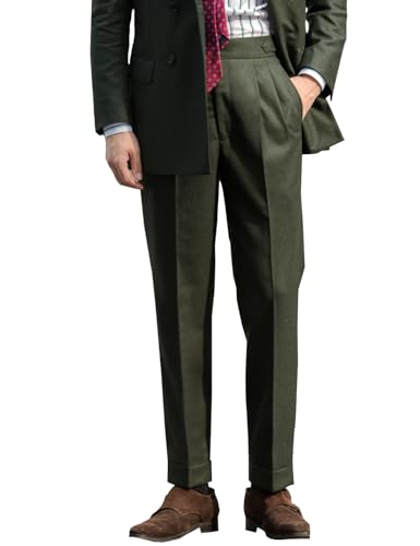 Snoly Men's Winter Retro Woolen Gurkha Flat Front Pant Tapered Leg Straight Chino Rolled Pants Buckle Back