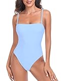 Picture of RELLECIGA Women's Sea Blue High Cut Bandeau One Piece Swimsuits with Adjustable Shoulder Straps Size X-Large
