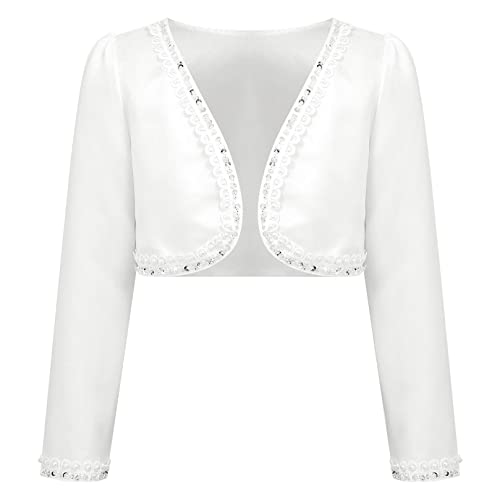 Kids Satin Beaded Flower Girl Bolero Shrug Dress Coat Long Sleeve Cardigans Short Jacket Formal Cover up