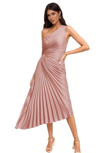 SEIM Pleated Satin Bridesmaid Dress One Shoulder Maxi Formal Evening Dresses for Women
