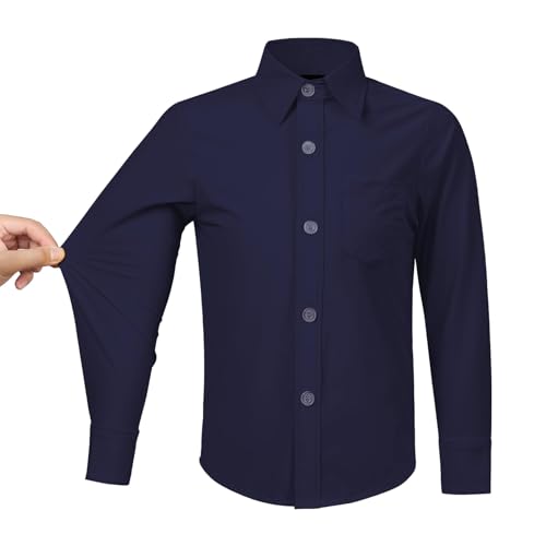 Boys Stretch Long Sleeve Button Down Toddler Dress Shirt Wrinkle Free Oxford Uniform Shirt with Chest Pocket Navy 12Y