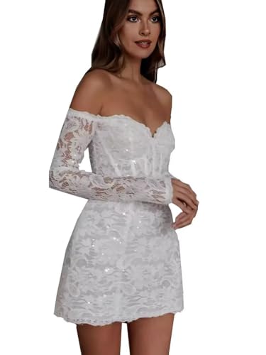 Lace Short Wedding Dresses for Bride Tulle Long Sleeve Wedding Dress for Women A Line Engagement Bridal Shower Dress