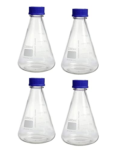 Salco Narrow Mouth Graduated Lab Erlenmeyer Glass Flask with Blue Screw Cap - Made of Heavy Borosilicate Glass (1000 ML, 4)