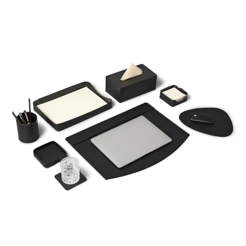 Image of Luxury Leather Desk Top Organiser Set of 7 | Multipurpose Executive Table Organizer for Office | Desk Mat | Pen Holder | Tissue Holder | Mouse Pad | Coaster Set | Memo Pad | Paper Tray - Classic Black