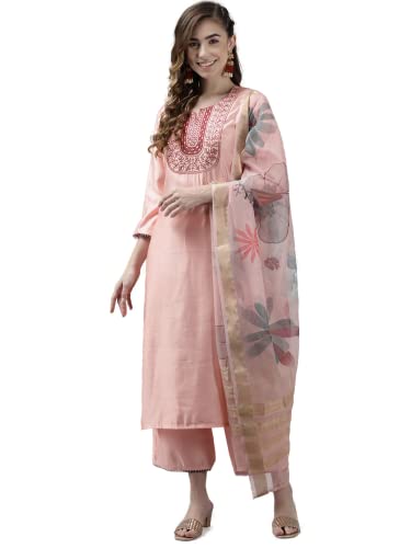 Image of INDO ERA Women's Cotton Blend; Organza & Rayon Kurta Palazzo With Dupatta Set