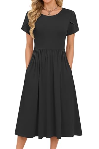 MOLERANI Women Summer Dresses - Short Sleeve Round Neck A-line Sundress Plain Dress Casual Swing Elastic Waist Midi Dress with Pockets Black 2XL