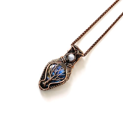 Tree of Life Pendant Necklace – Labradorite & Moonstone, Handcrafted Copper Wire Jewelry, Boho Spiritual Healing Necklace for Women, Unique Gift