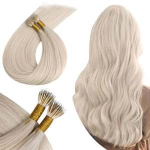 Ugeat Nano Ring Hair Extensions Real Human Hair Platinum Blonde 24 Inch Nano Beads Hair Extensions Human Hair Platinum Blonde 50S 50S