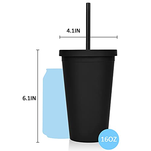 Waipfaru 4 Pack Acrylic Tumbler 16Oz, Acrylic Tumbler With Lids And Straws, Matte Colored Plastic Tumbler For Customized Gift, Double Wall Plastic Tumbler For Cold Hot Drinks (Black) #TOP6