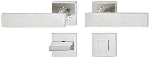 Preisvergleich Produktbild Moderner Tür-Griff Rosette quadratisch Türklinke Edelstahl Drückergarnitur für Zimmertüren / LDH 2187 / BAD - Badezimmer / Edelstahl matt gebürstet / 1 Garnitur eckig - Design Türbeschläge Innentüren