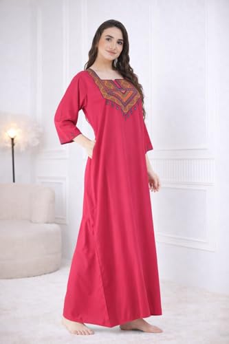 Image of Lissybissy Cotton Women Gown - Free Size with Side Pocket | Embroidery Full Sleeve Sleepwear | Loose Fit, Breathable, Comfortable & Soft Fabric Night Dress | Ideal for Gifting