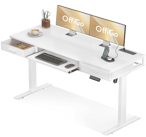 OffiGo Height Adjustable Desk with Double Drawers, 140 cm Standing Desk with Keyboard Tray, Electric Computer Table with Power Socket, Sit Stand Desk for Home Office, White