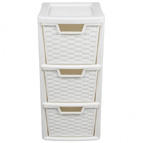 Image of ORYNTO Medium Rattan Effect Plastic Storage Drawers Tower Spacious Plastic Drawers Organizer Unit for Home Office Bedroom Garage Durable Stylish Multi Purpose Storage Drawers (3 Tier, Rattan White)