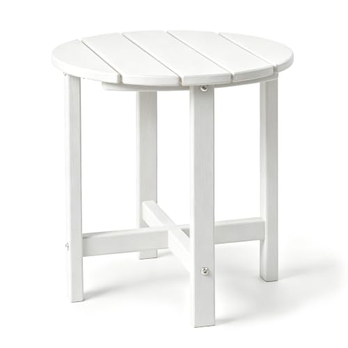 Image of Outdoor Side Table - Round All-Weather HDPE End Table with Realistic Wood Grain, Heavy Duty Composite for Patio & Garden (White)