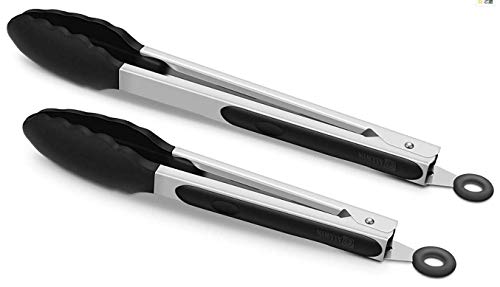 2 Pack Black Kitchen Tongs, Premium Silicone BPA Free Non-Stick Stainless Steel BBQ Cooking Grilling Locking Food Tongs, 9-Inch & 12-Inch