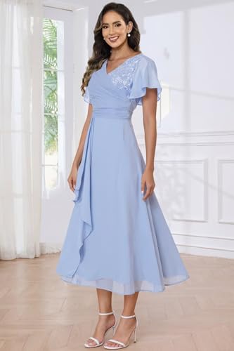 Women's V Neck Short Sleeve Mother of The Bride Dress Tea Length Lace Pleated Ruffle Evening Formal Gown4