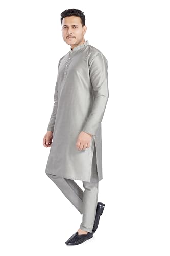 Divisive Men's Plain Raw Silk Blend Slim Fit Kurta Pyjama Set (Dkrt905_Xl_Grey)