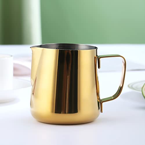 Milk Frothing Pitcher 12oz - 350ml, Kyraton Stainless Steel Espresso Steaming Pitchers with Decorating Pen,Milk Coffee Frother Cups Cappuccino Latte Art Barista Steam Pitchers Milk Jug Cup (Gold) - Thumbnail 2