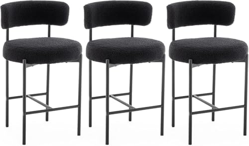 Image of Cinxzar Boucle Bar Stools Set of 3, Black Counter Height Bar Stools with Backs, Modern Barstools for Kitchen Island, Pub, Club
