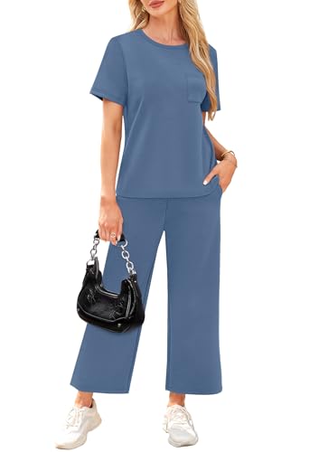 Image of WIHOLL 2 Piece Sets for Women Casual Summer Travel Vacation Outfits Short Sleeve Wide Leg Crop Pants Lounge Sets